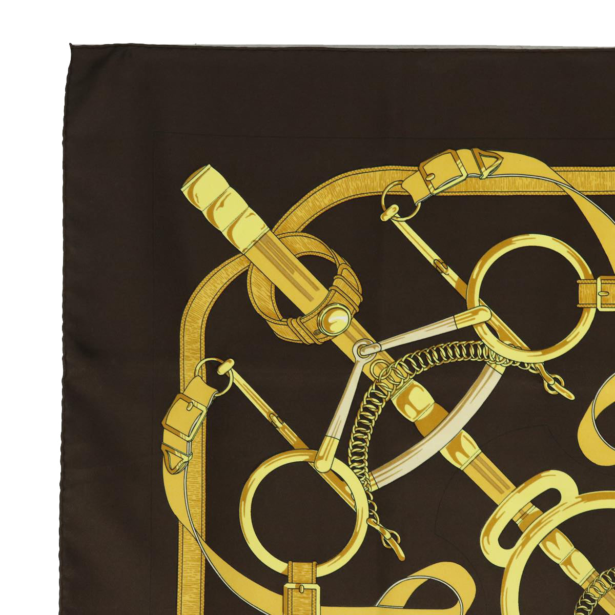 HERMES Carre 90 Scarf "" Eperon d'or"" Silk Brown Auth am6342