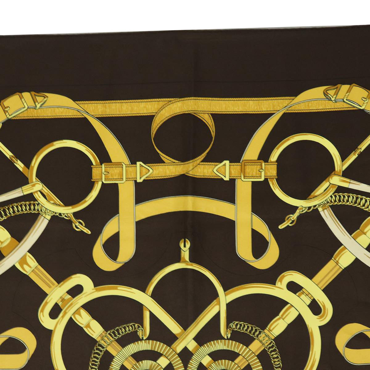 HERMES Carre 90 Scarf "" Eperon d'or"" Silk Brown Auth am6342