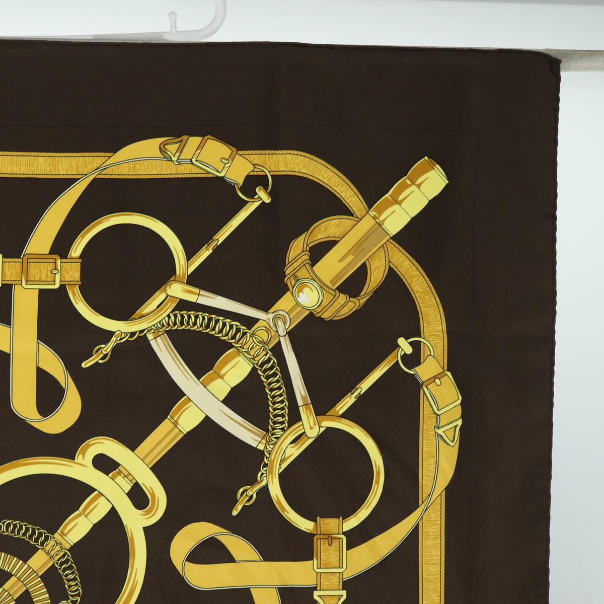 HERMES Carre 90 Scarf "" Eperon d'or"" Silk Brown Auth am6342