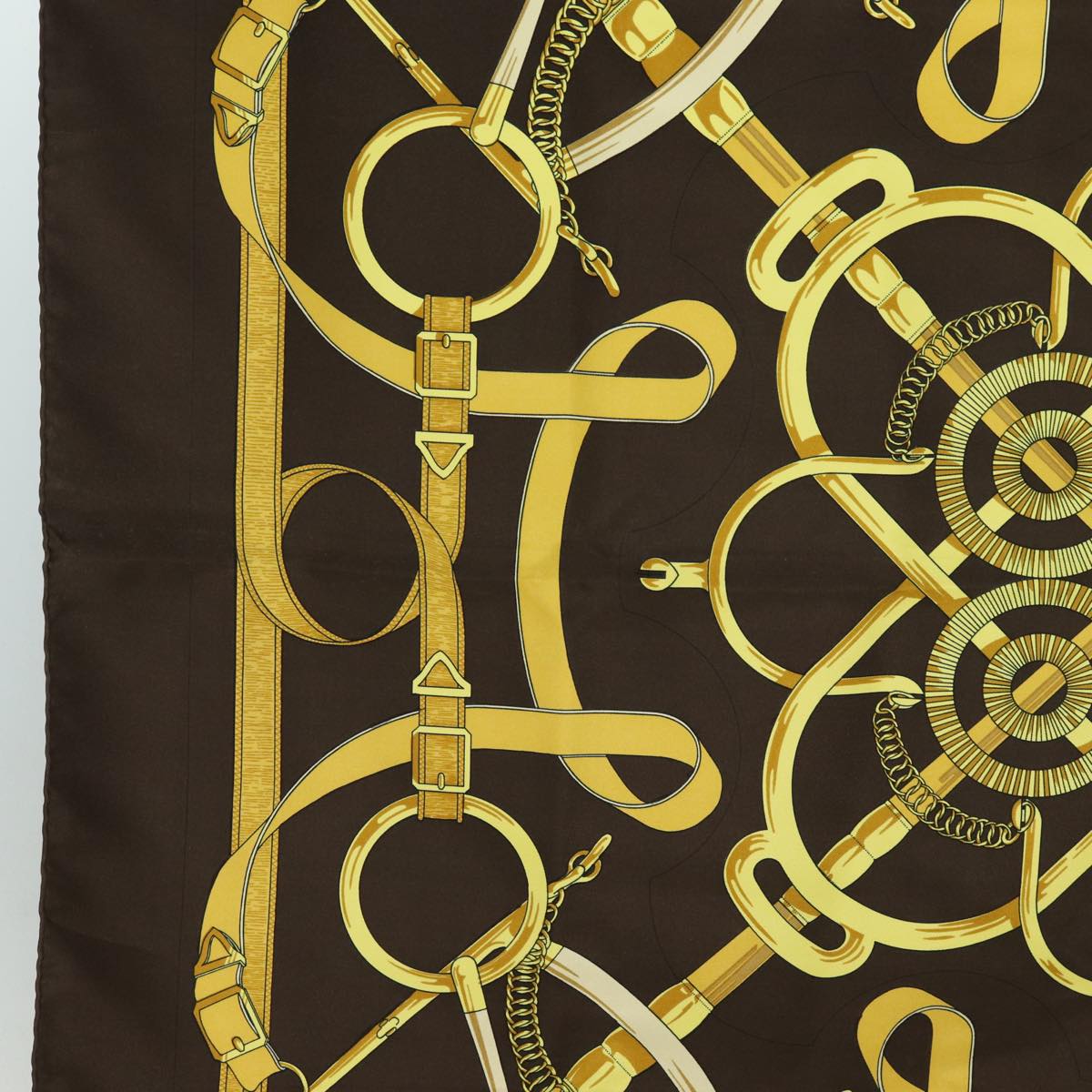 HERMES Carre 90 Scarf "" Eperon d'or"" Silk Brown Auth am6342