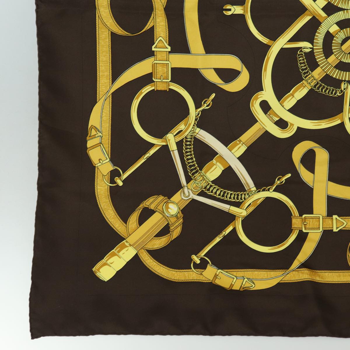 HERMES Carre 90 Scarf "" Eperon d'or"" Silk Brown Auth am6342