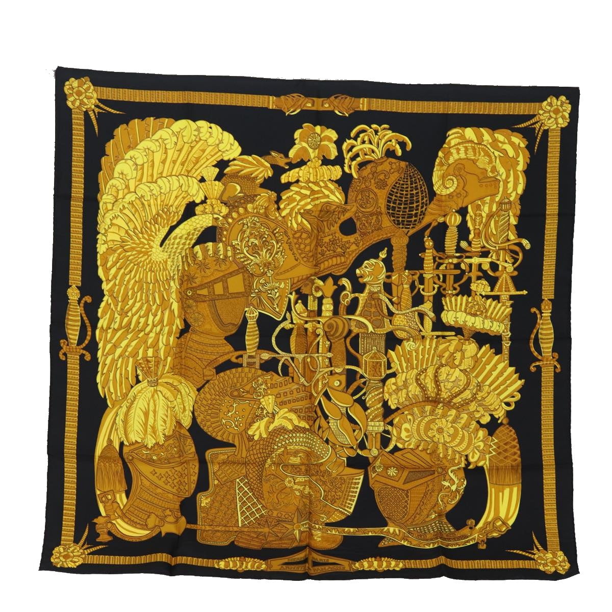 HERMES Carre 90 Scarf ""ARMETS en PANACHE"" Silk Black Auth am6343