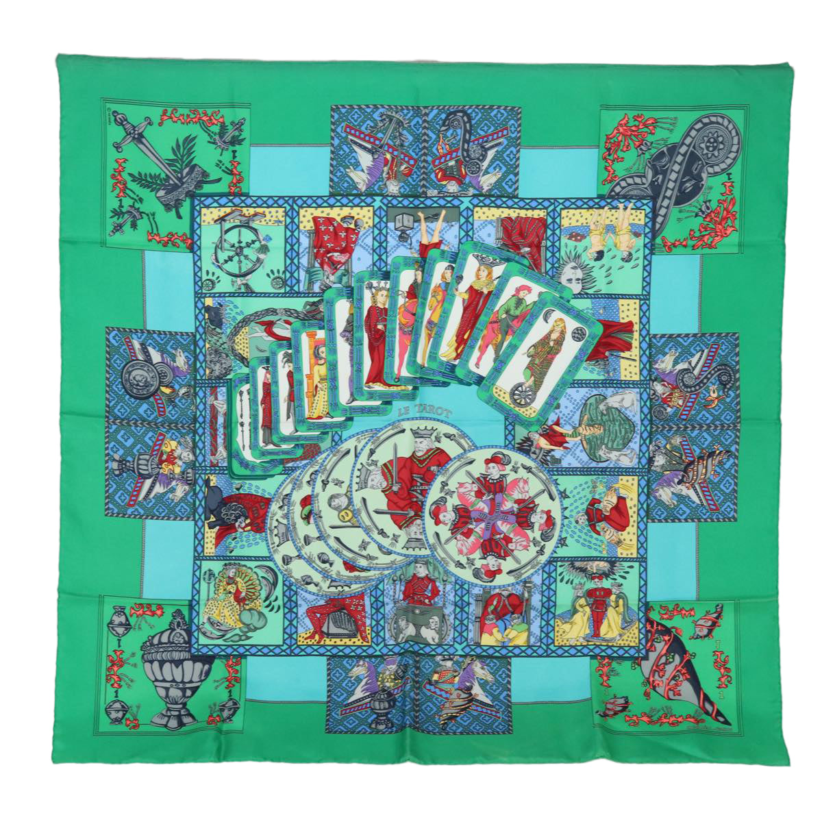 HERMES Carre 90 Scarf ""LE TAROT"" Silk Green Auth am6365