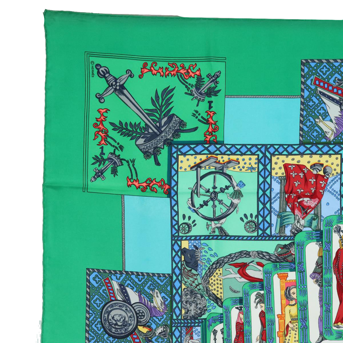 HERMES Carre 90 Scarf ""LE TAROT"" Silk Green Auth am6365