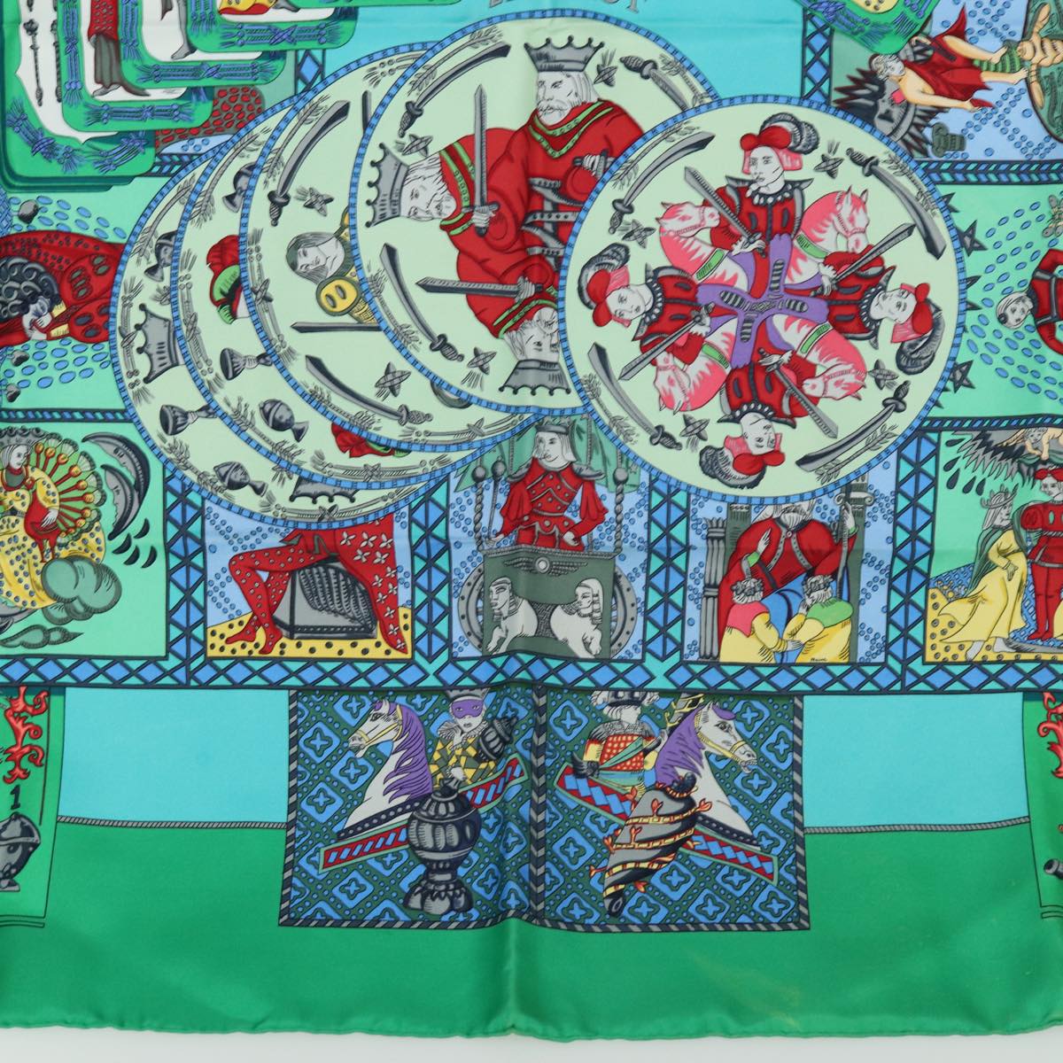 HERMES Carre 90 Scarf ""LE TAROT"" Silk Green Auth am6365