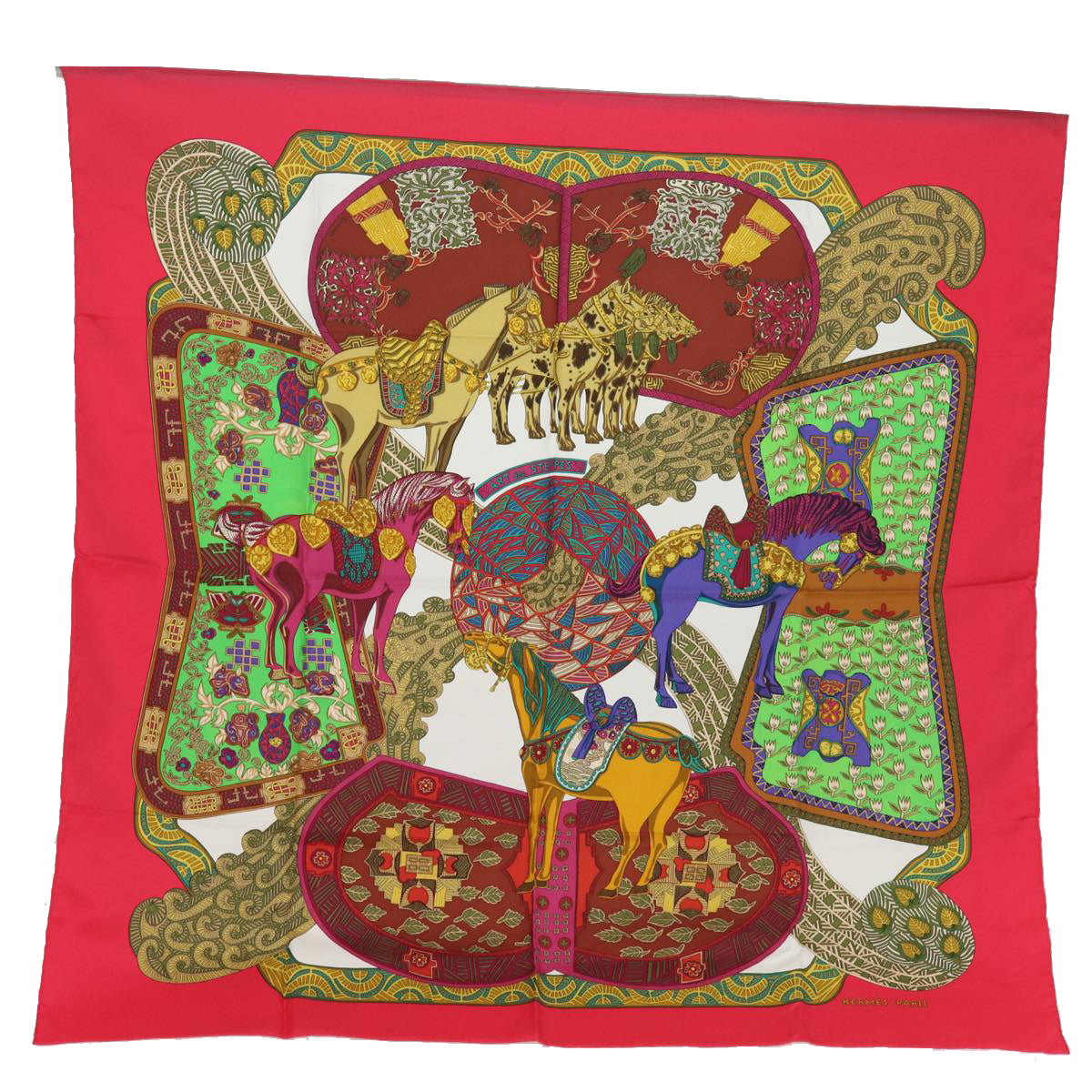 HERMES Carre 90 Scarf ART des STEPPES Silk Red Auth am6435