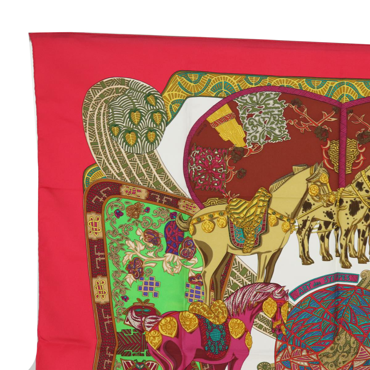 HERMES Carre 90 Scarf ART des STEPPES Silk Red Auth am6435