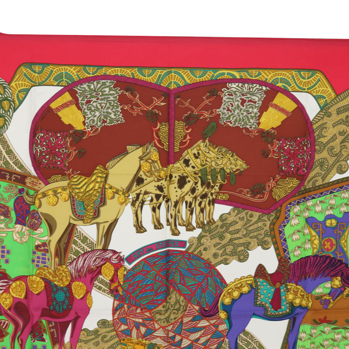 HERMES Carre 90 Scarf ART des STEPPES Silk Red Auth am6435