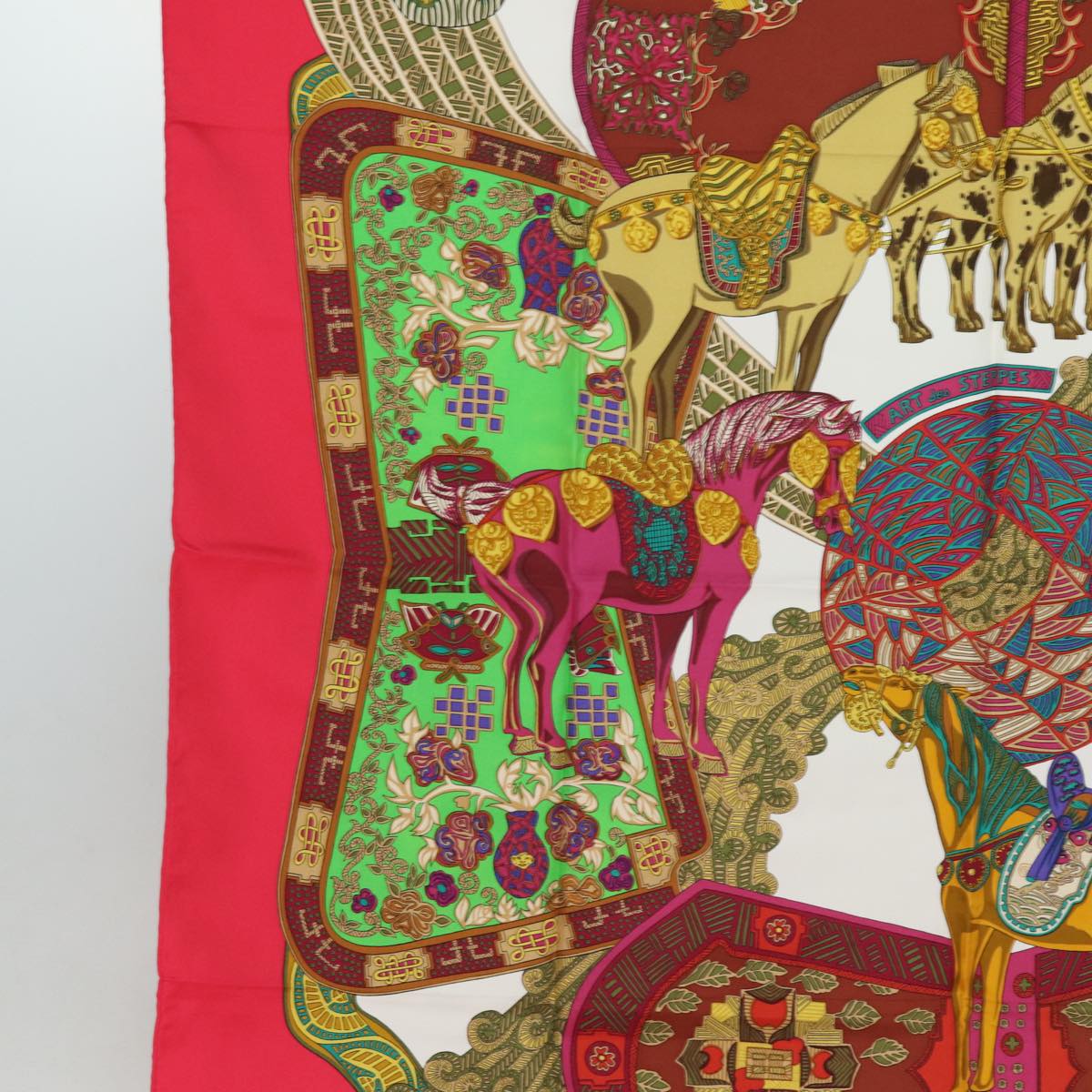 HERMES Carre 90 Scarf ART des STEPPES Silk Red Auth am6435