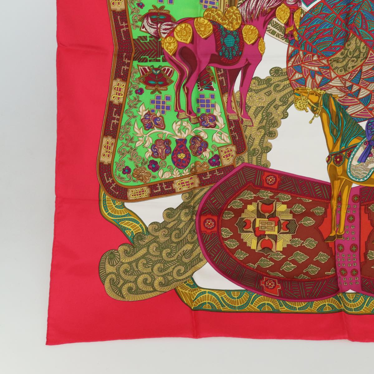 HERMES Carre 90 Scarf ART des STEPPES Silk Red Auth am6435