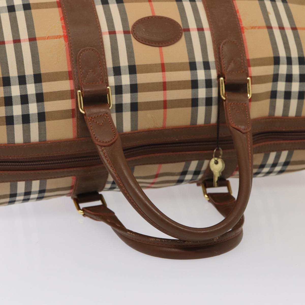 Burberrys Nova Check Boston Bag Canvas Beige Auth am6446