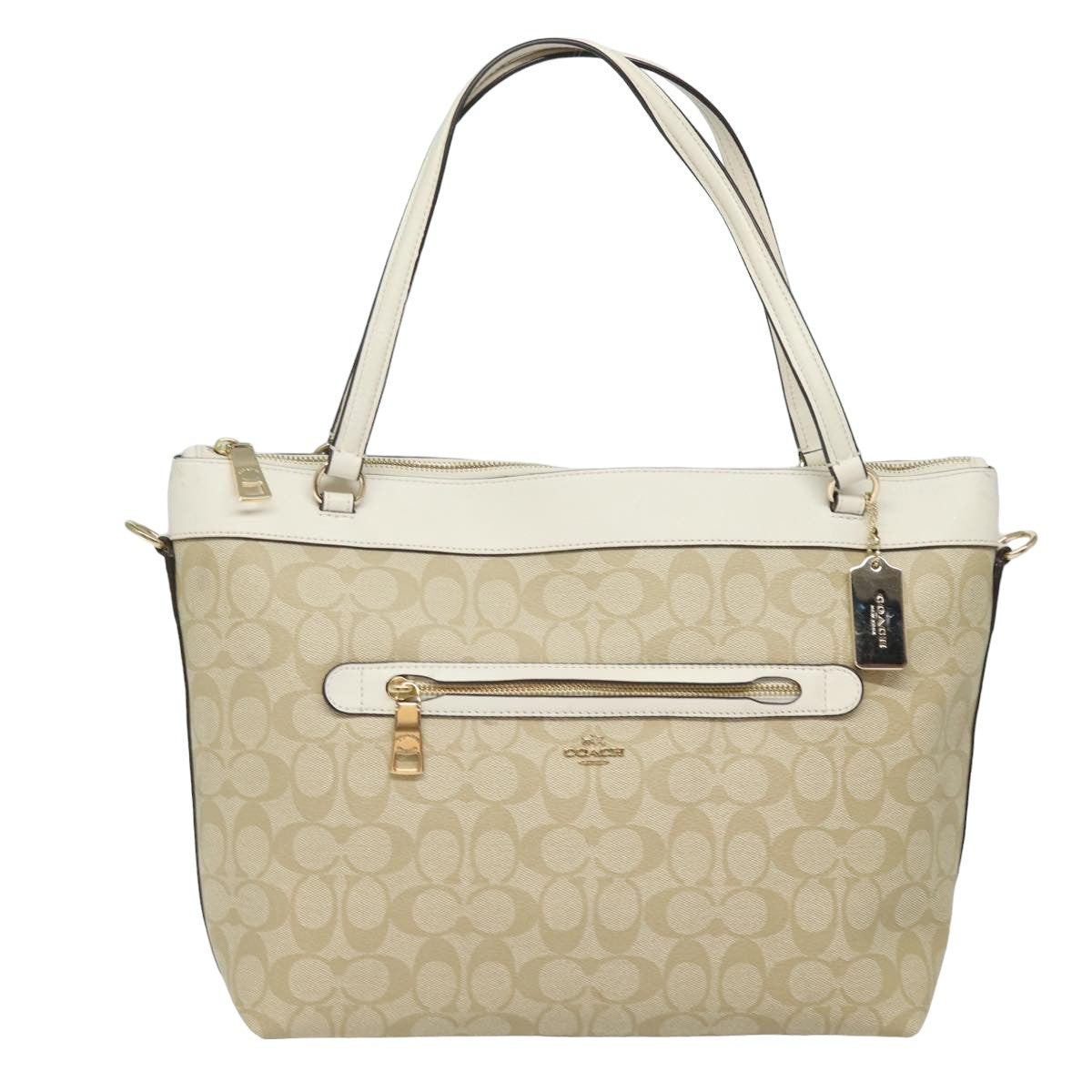 Coach Signature Tote Bag PVC Leather 2way Beige White Auth am6455