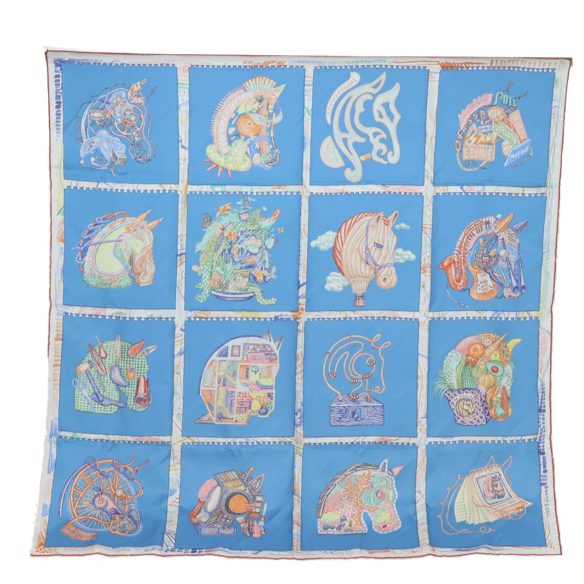 HERMES Carre 90 Scarf ""Chevaloscope"" Silk Blue Auth am6510