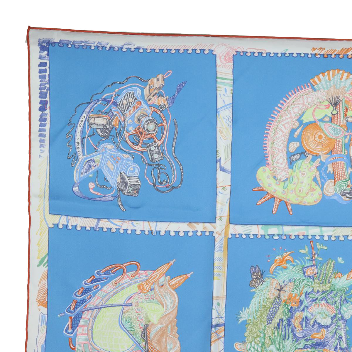 HERMES Carre 90 Scarf ""Chevaloscope"" Silk Blue Auth am6510