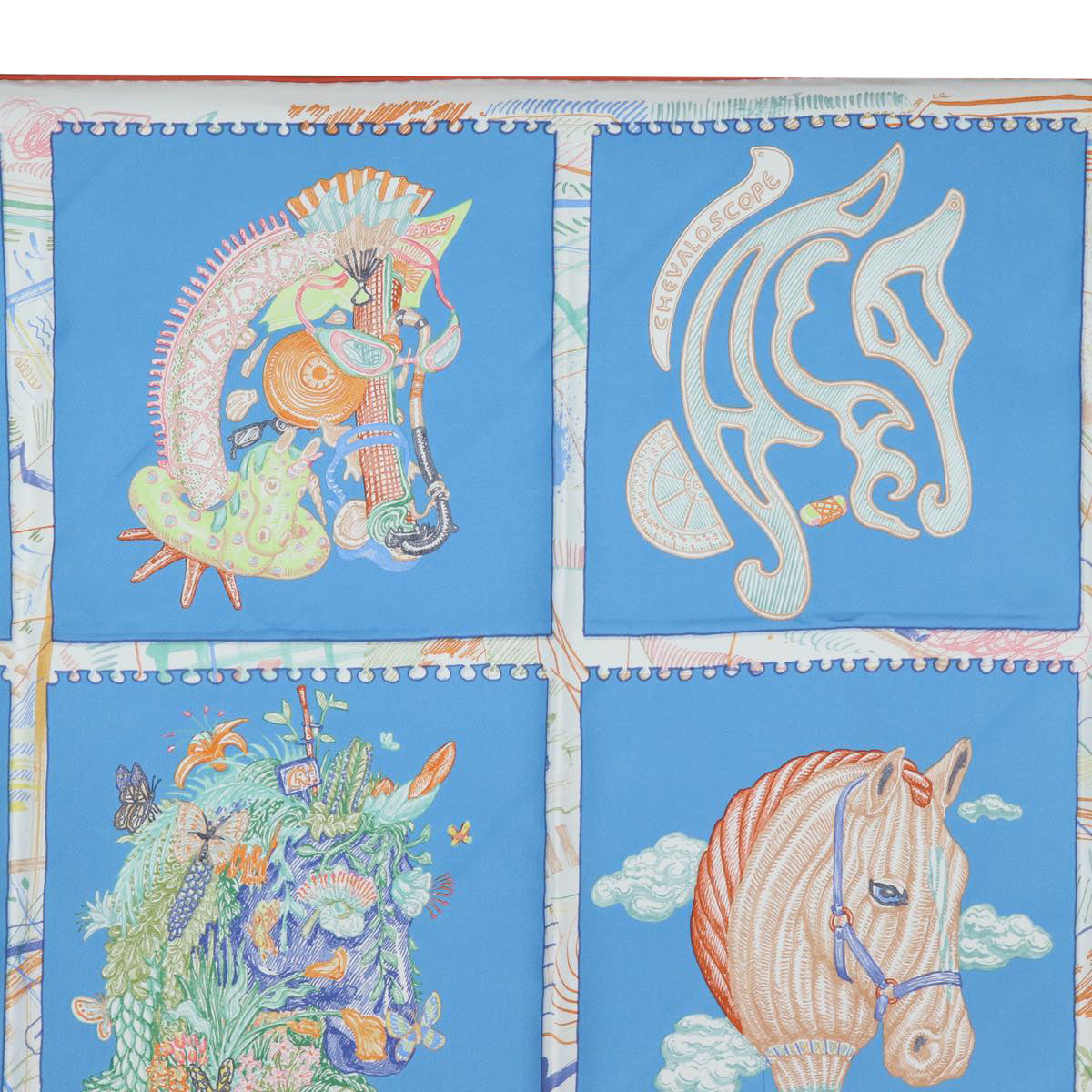 HERMES Carre 90 Scarf ""Chevaloscope"" Silk Blue Auth am6510