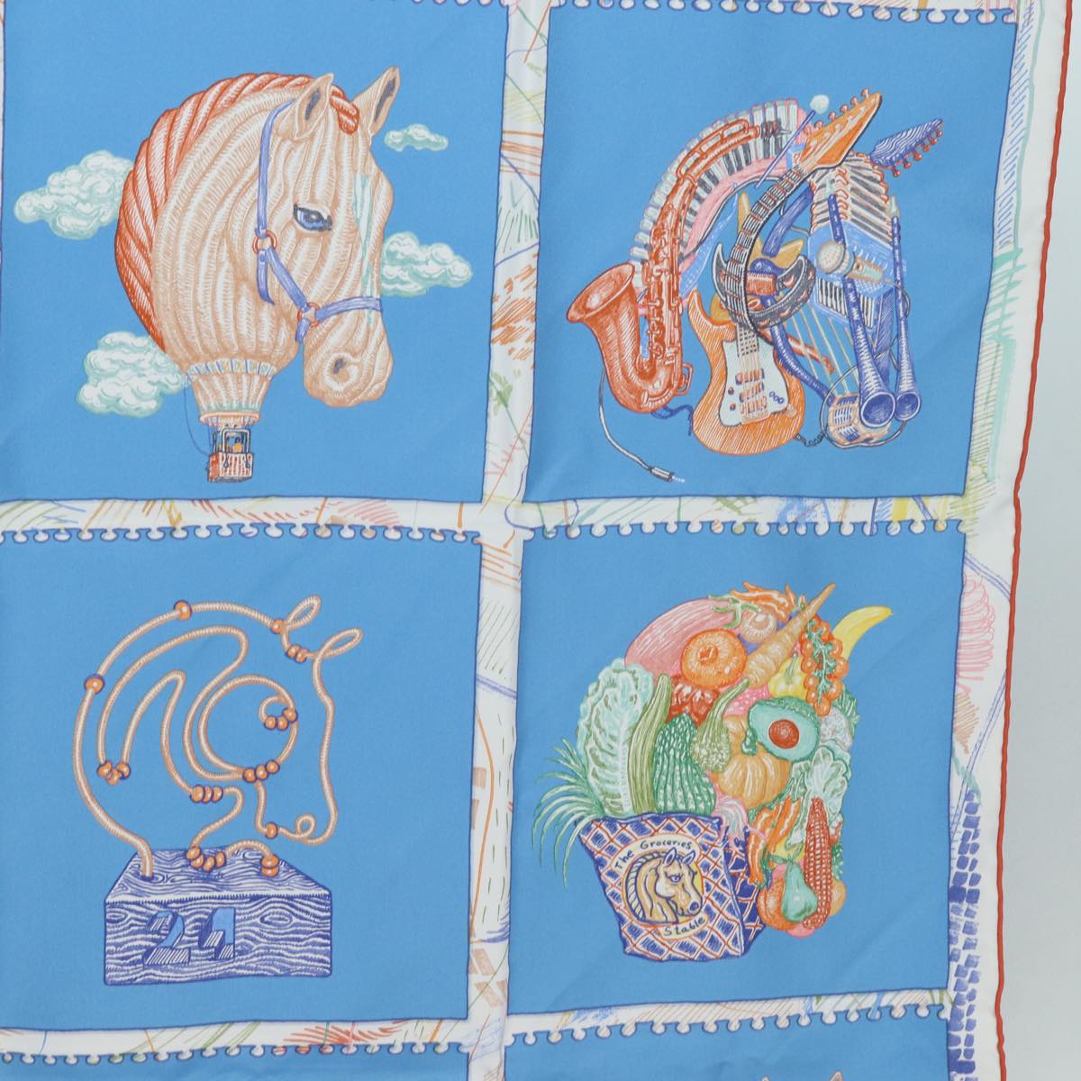 HERMES Carre 90 Scarf ""Chevaloscope"" Silk Blue Auth am6510