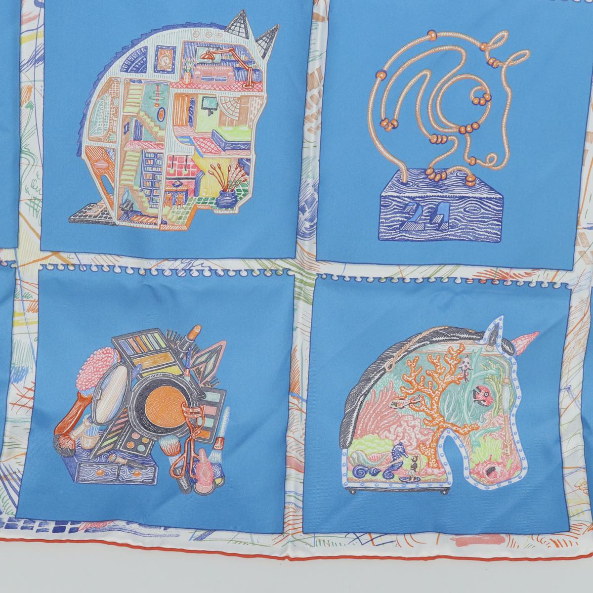 HERMES Carre 90 Scarf ""Chevaloscope"" Silk Blue Auth am6510