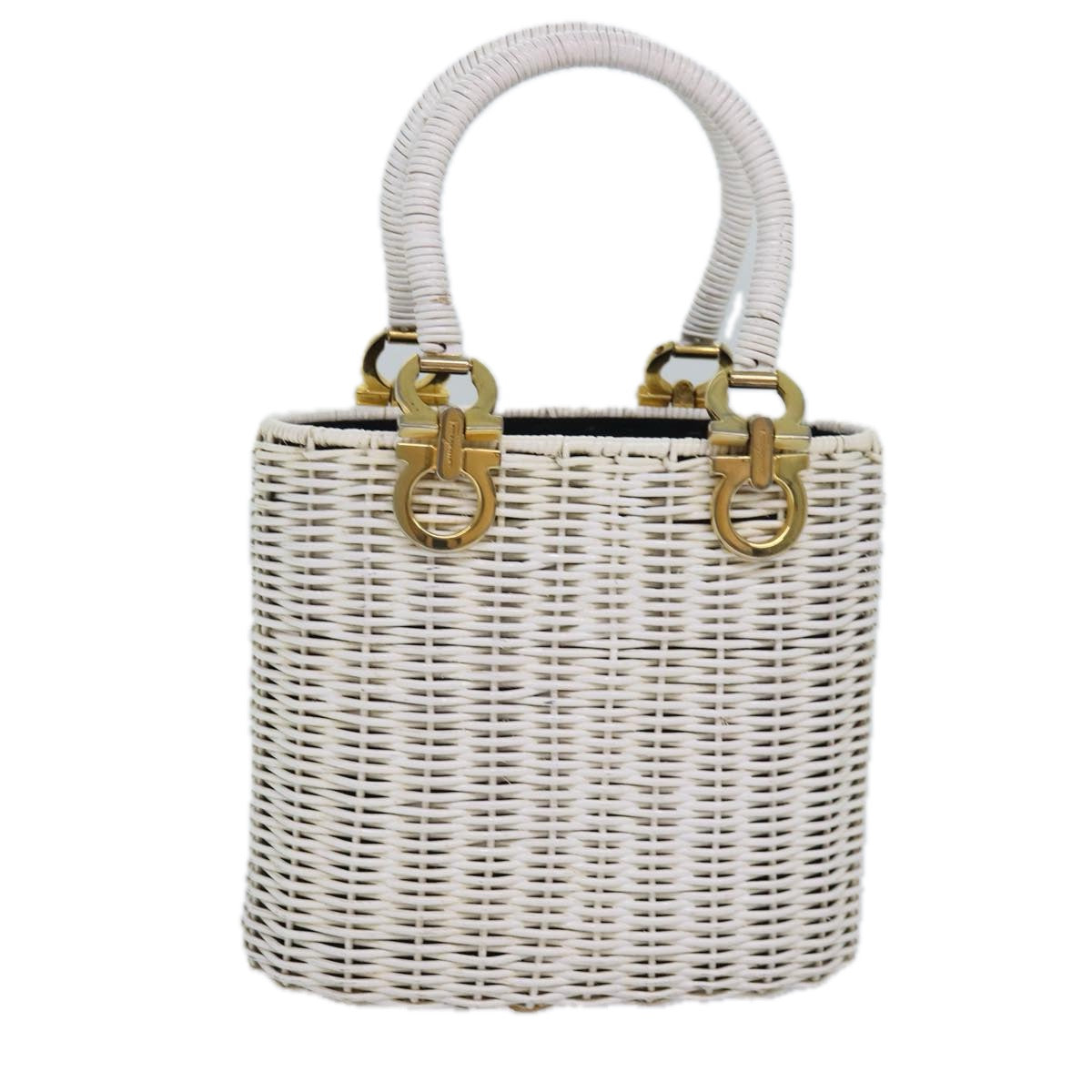 Salvatore Ferragamo Gancini Basket bag Hand Bag Straw White Auth am6527