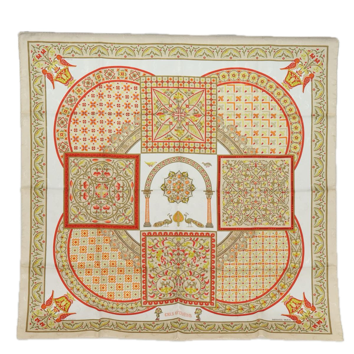 HERMES Carre 90 Scarf ""CIELS BYZANTINS"" Silk Red Auth am6534