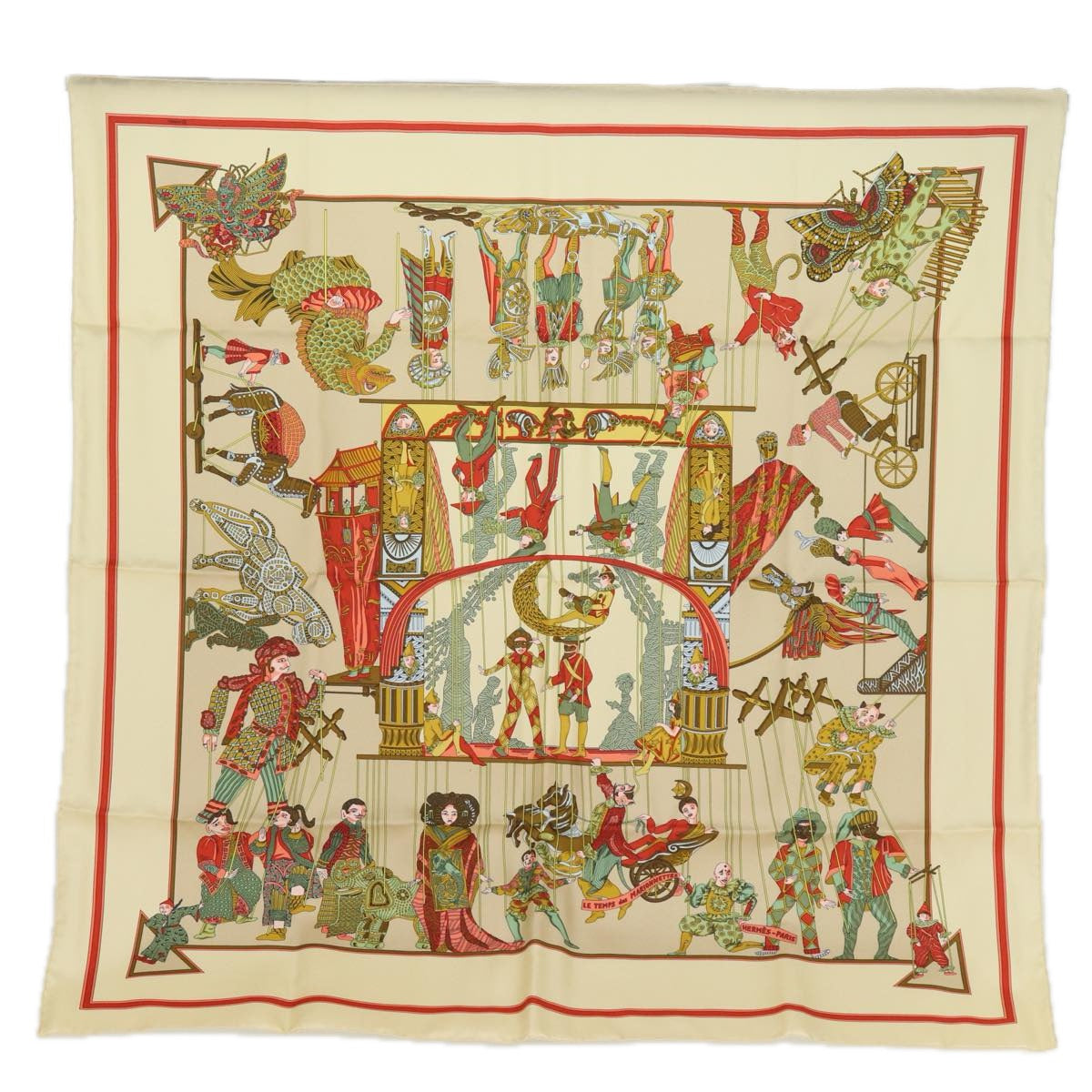 HERMES Carre 90 Scarf ""LE TEMPS des MARIONNETTES"" Silk Beige Auth am6535