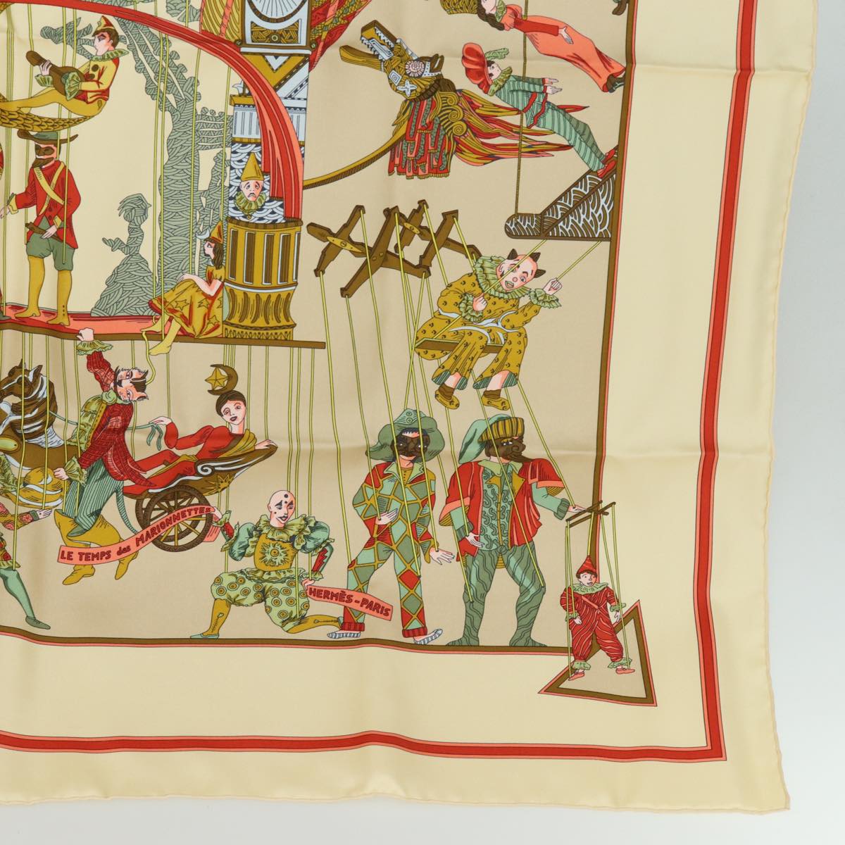 HERMES Carre 90 Scarf ""LE TEMPS des MARIONNETTES"" Silk Beige Auth am6535