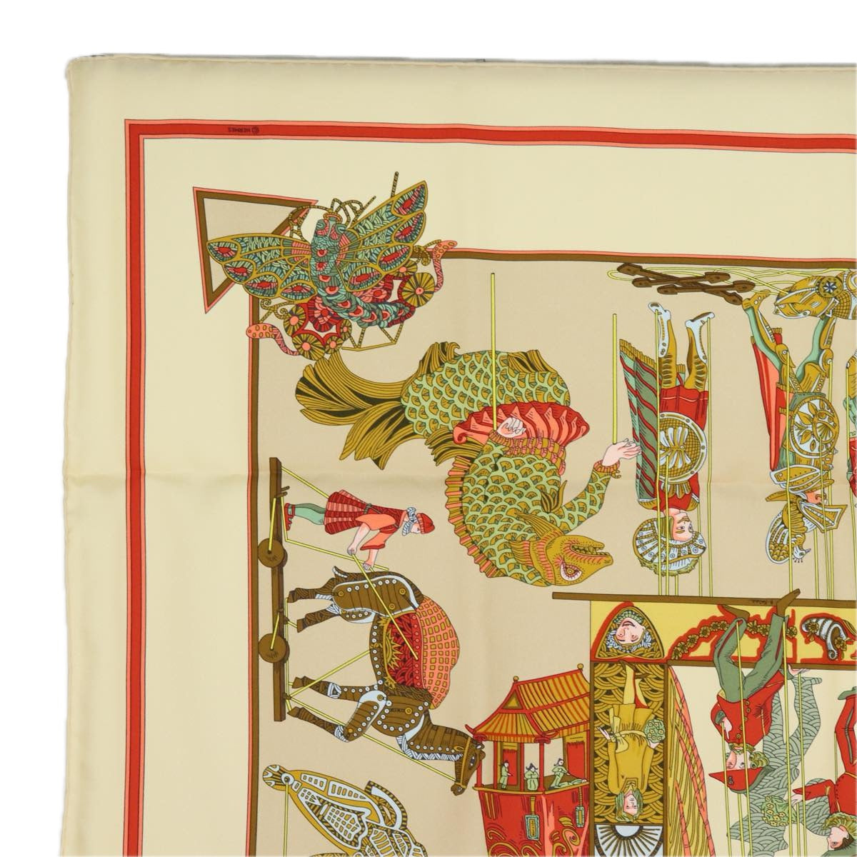 HERMES Carre 90 Scarf ""LE TEMPS des MARIONNETTES"" Silk Beige Auth am6535