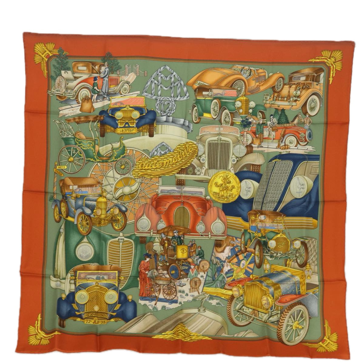 HERMES Carre 90 Scarf ""Automobile"" Silk Brown Auth am6536