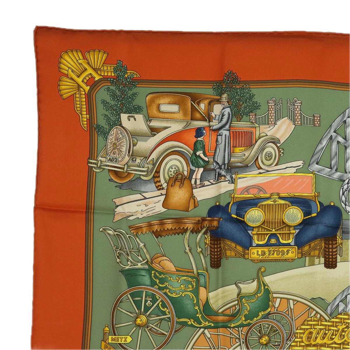 HERMES Carre 90 Scarf ""Automobile"" Silk Brown Auth am6536