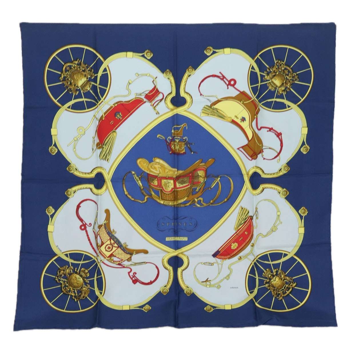 HERMES Carre 90 Scarf ""SPRINGS"" Silk Blue Auth am6556