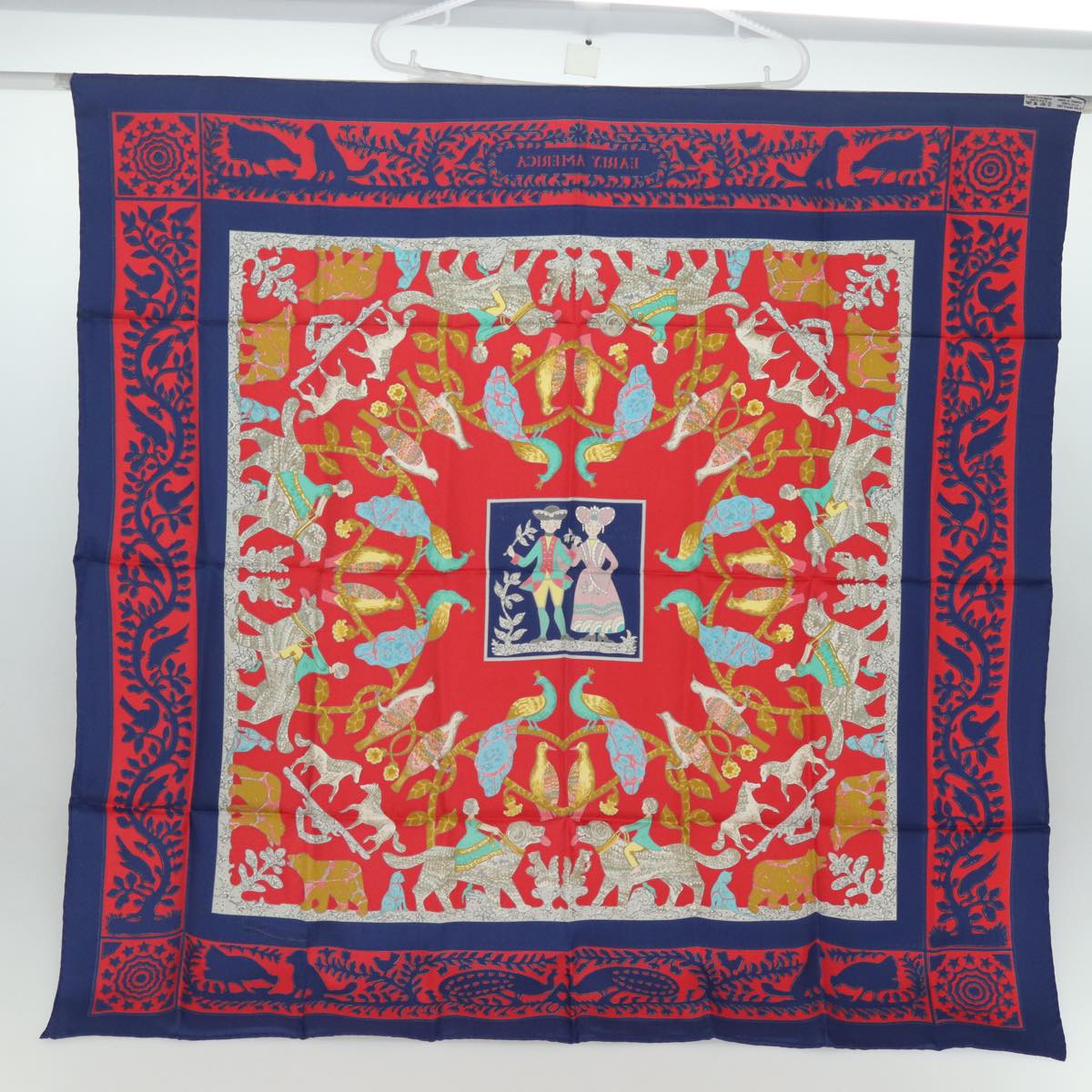 HERMES Carre 90 Scarf ""EARLY AMERICA"" Silk Red Auth am6558