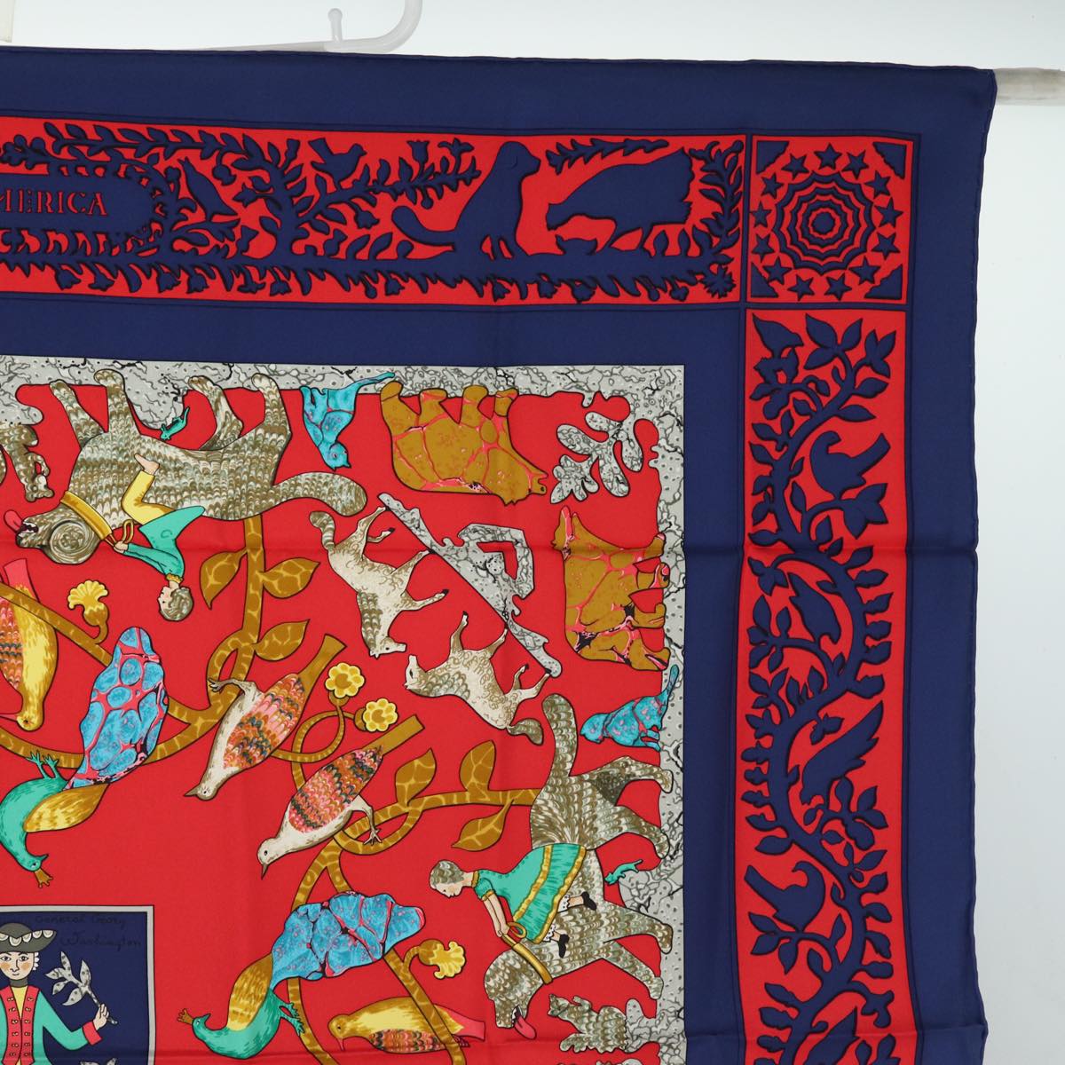 HERMES Carre 90 Scarf ""EARLY AMERICA"" Silk Red Auth am6558