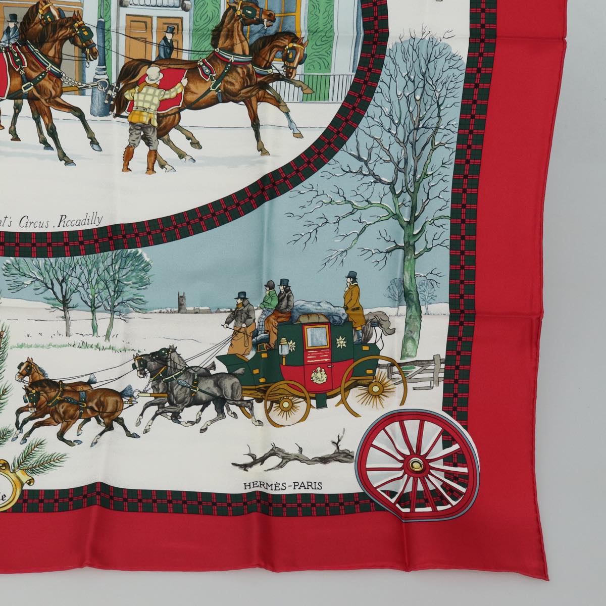 HERMES Carre 90 Scarf ""BULL＆MOUTH WESTERN COACH OFFICE"" Silk Red Auth am6601