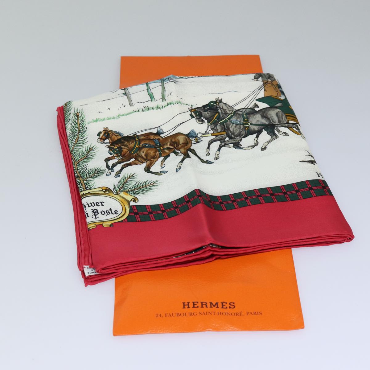 HERMES Carre 90 Scarf ""BULL＆MOUTH WESTERN COACH OFFICE"" Silk Red Auth am6601