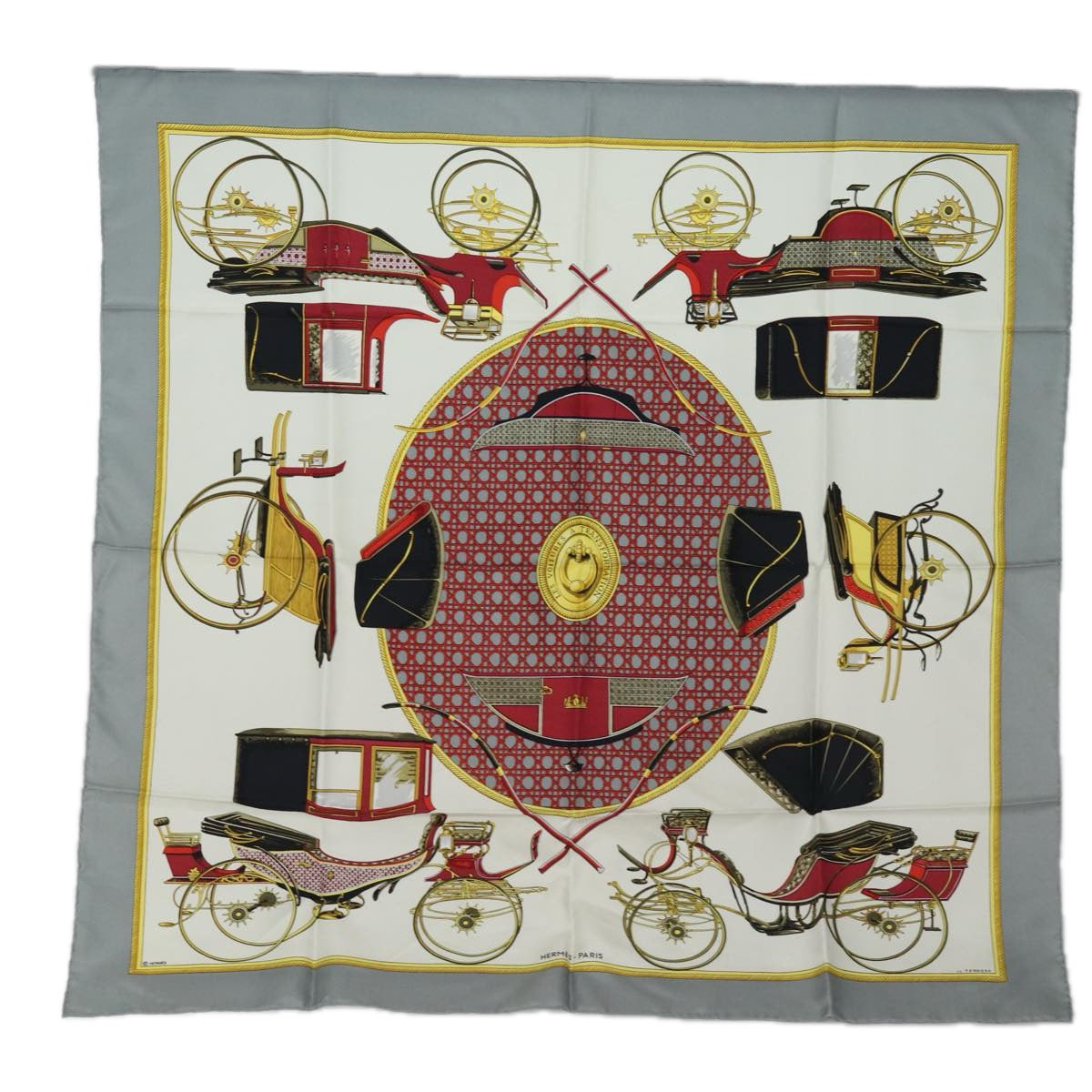 HERMES Carre 90 Scarf ""LES VOITURES A TRANSFORMATION"" Silk Red Auth am6604