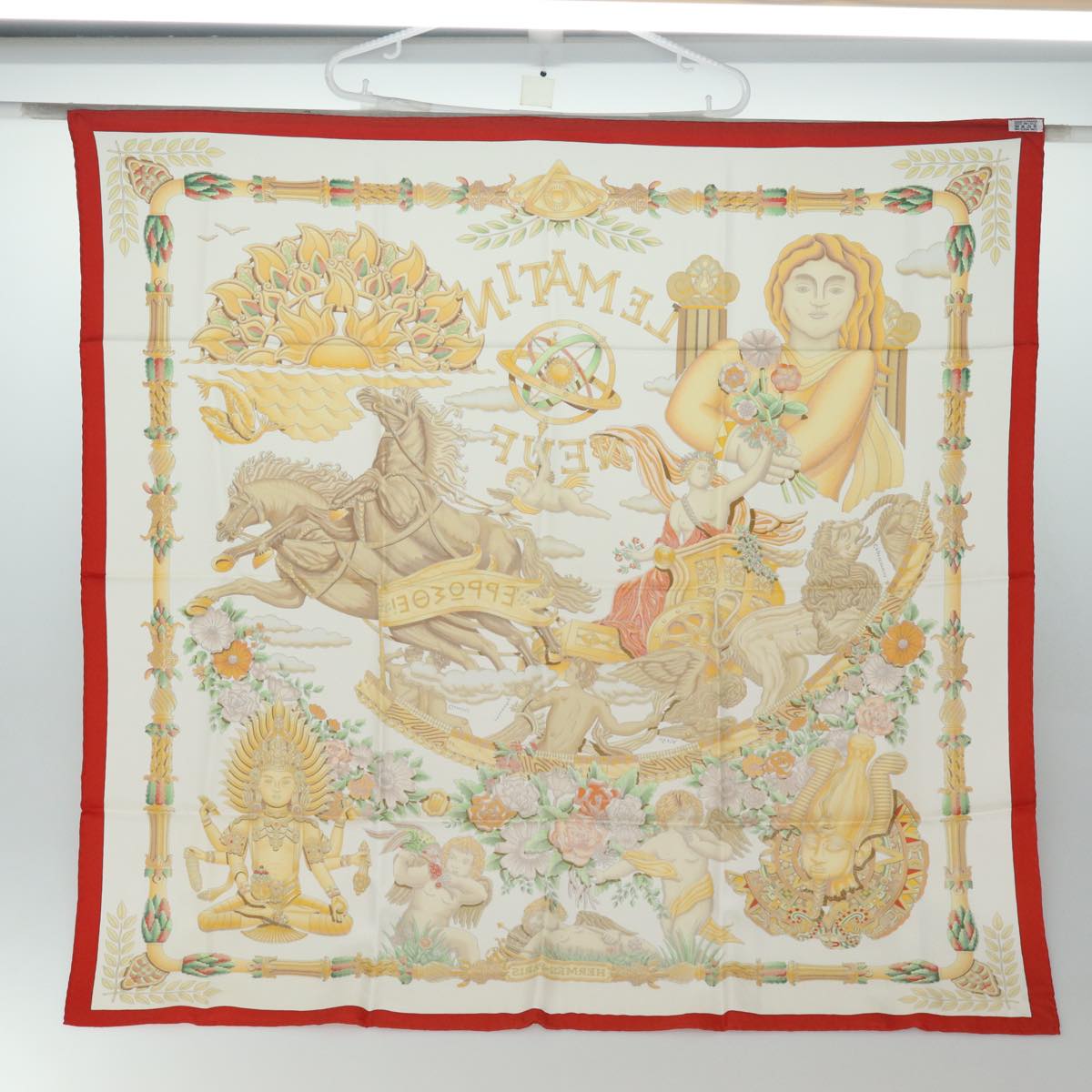 HERMES Carre 90 Scarf "" Le Matin Neuf"" Silk Red Auth am6605