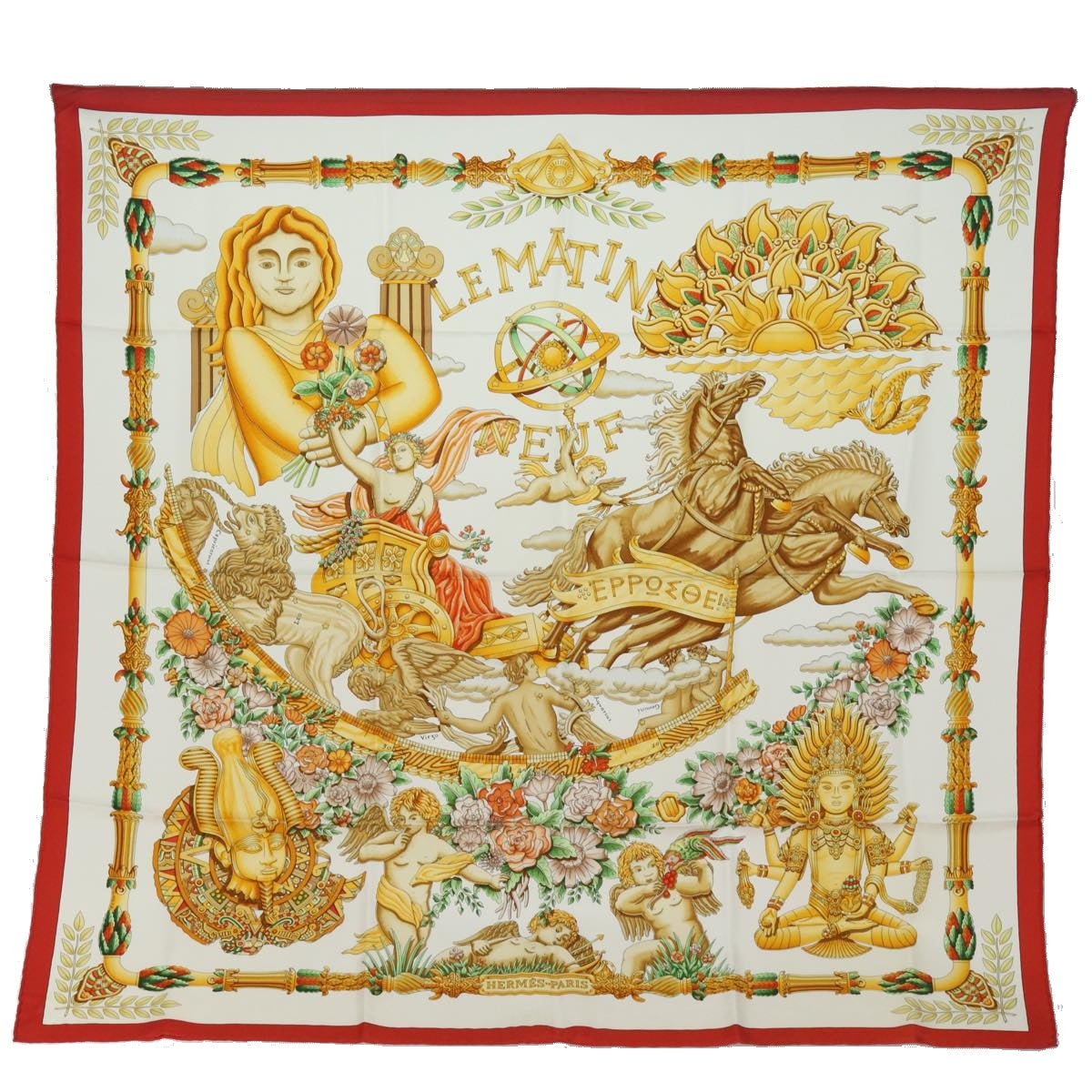 HERMES Carre 90 Scarf "" Le Matin Neuf"" Silk Red Auth am6605