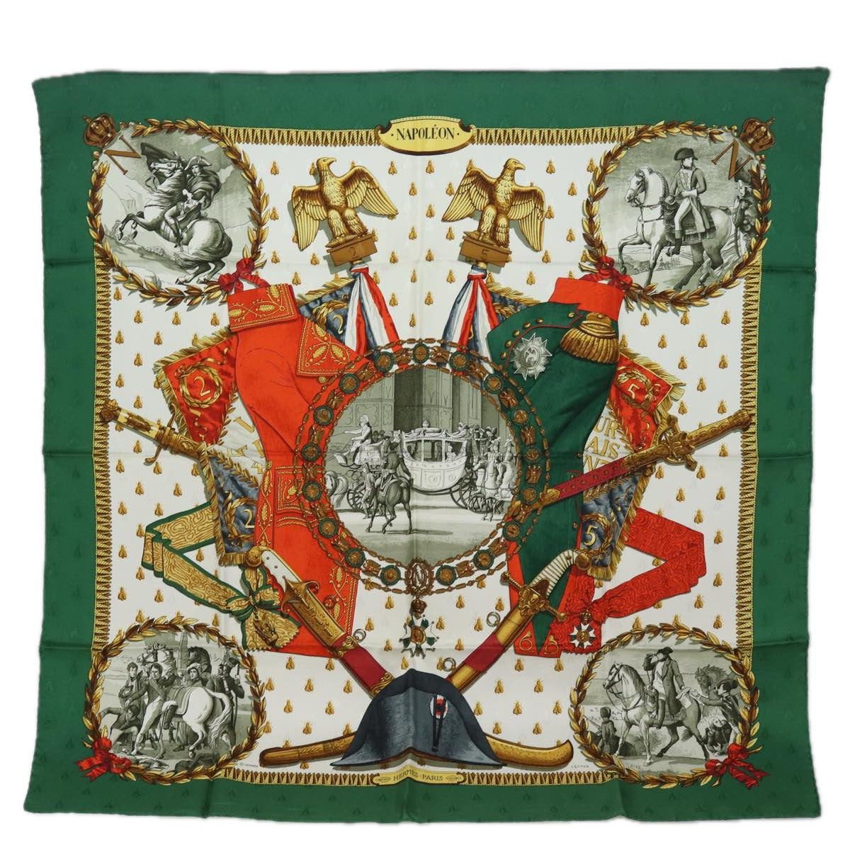 HERMES Carre 90 Scarf ""NAPOLEON"" Silk Green Auth am6606