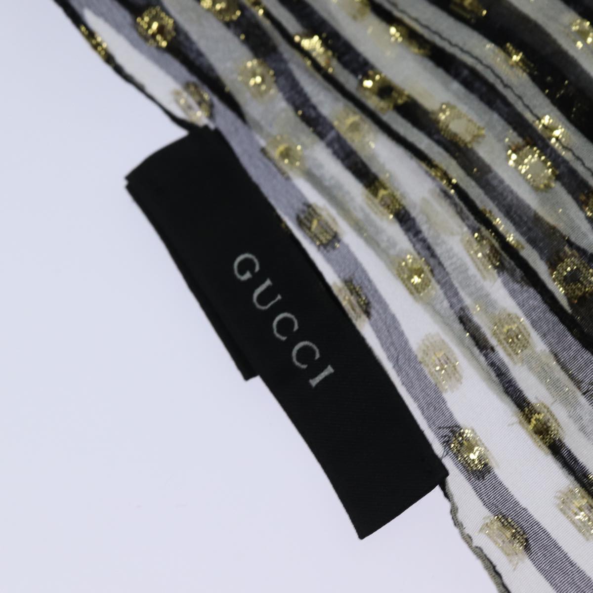 GUCCI Scarf Silk Black White Auth am6647