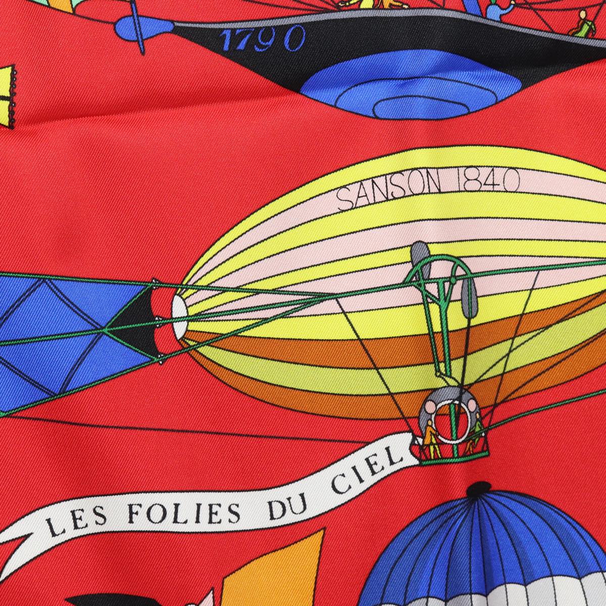 HERMES Carre 90 Scarf ""FOLIES DU CIEL"" Silk Red Auth am6649