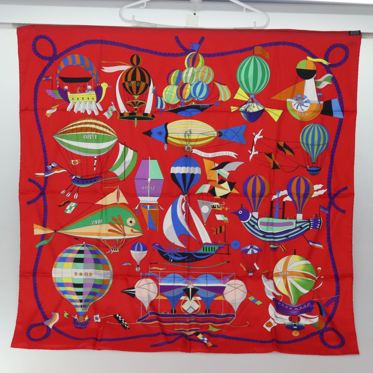 HERMES Carre 90 Scarf ""FOLIES DU CIEL"" Silk Red Auth am6649