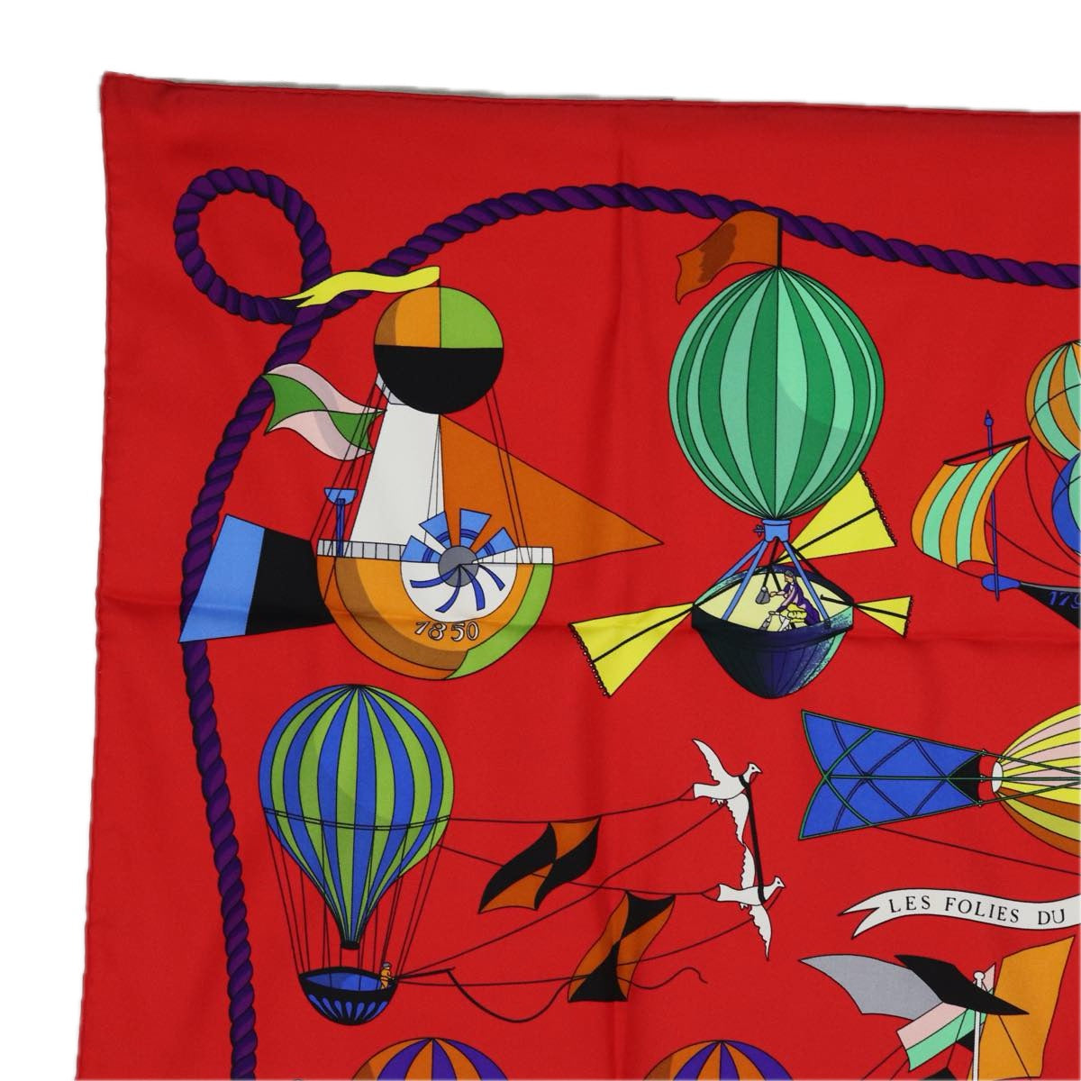 HERMES Carre 90 Scarf ""FOLIES DU CIEL"" Silk Red Auth am6649