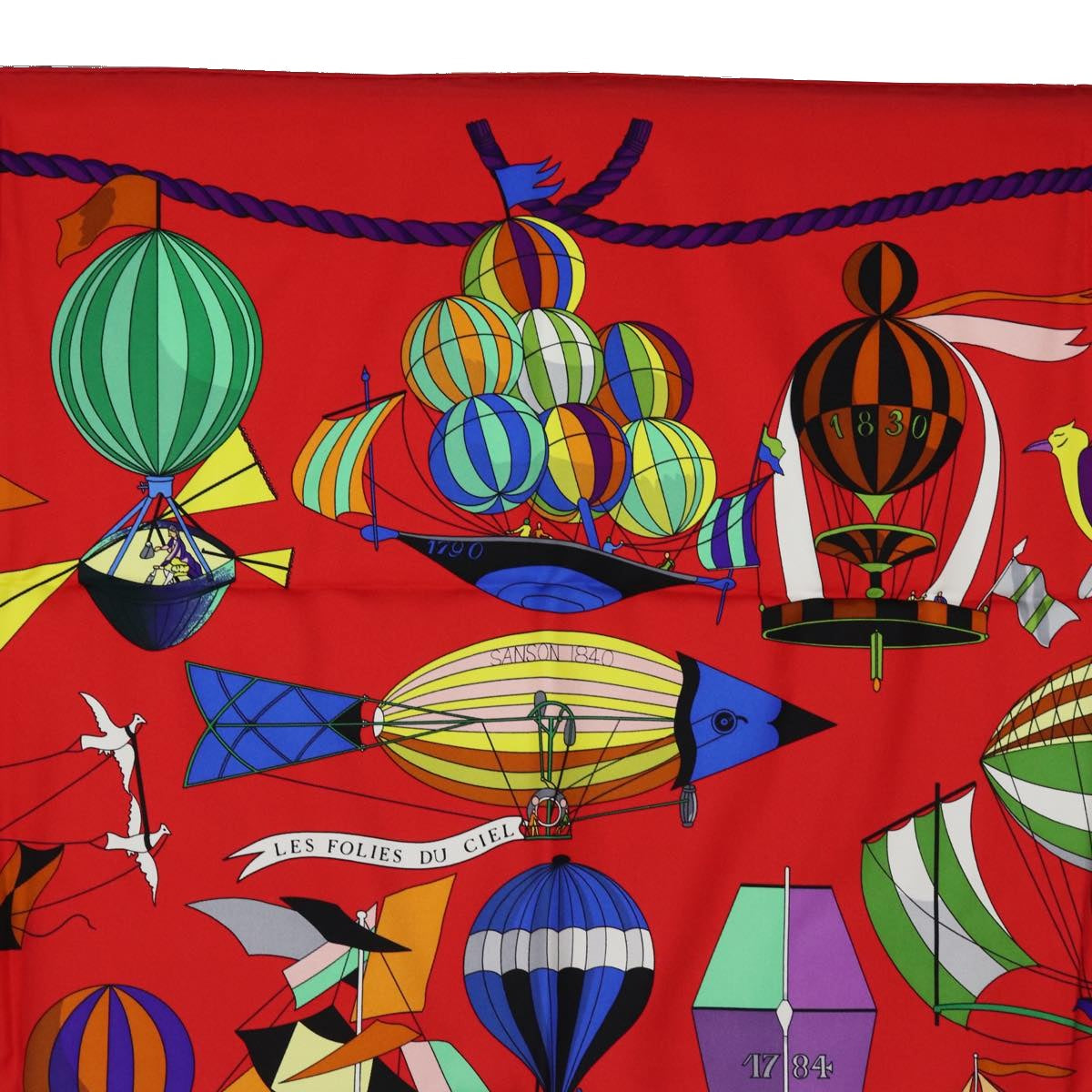 HERMES Carre 90 Scarf ""FOLIES DU CIEL"" Silk Red Auth am6649