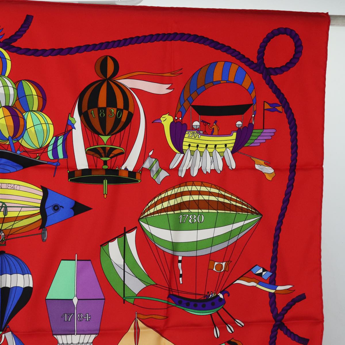 HERMES Carre 90 Scarf ""FOLIES DU CIEL"" Silk Red Auth am6649