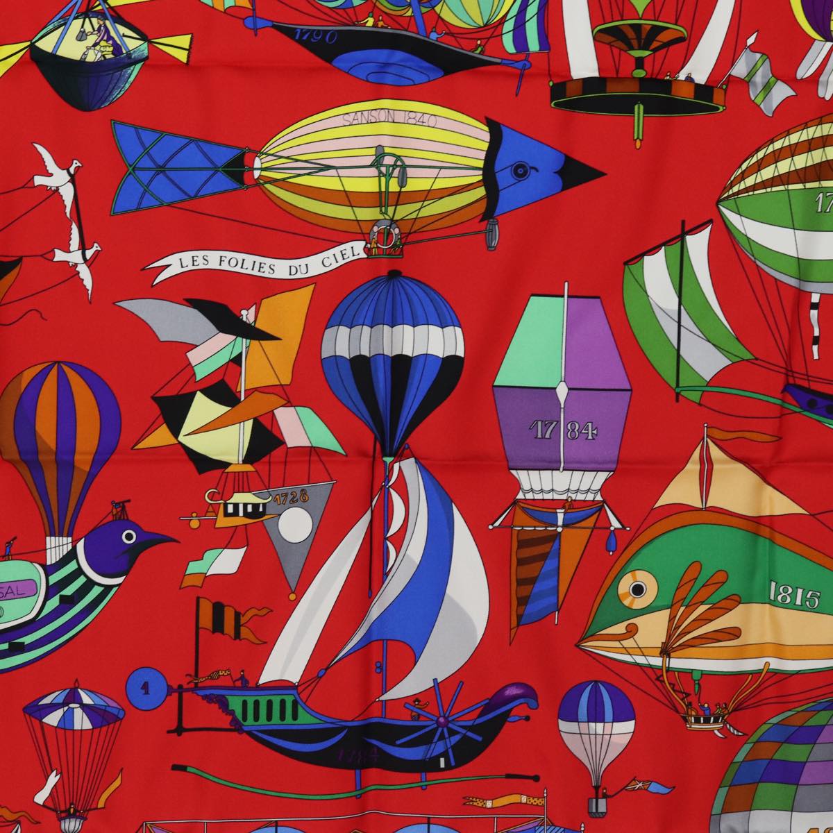 HERMES Carre 90 Scarf ""FOLIES DU CIEL"" Silk Red Auth am6649