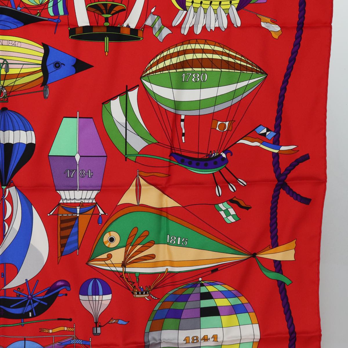 HERMES Carre 90 Scarf ""FOLIES DU CIEL"" Silk Red Auth am6649