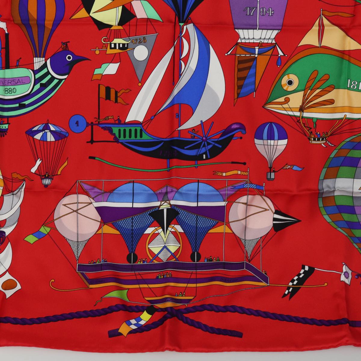 HERMES Carre 90 Scarf ""FOLIES DU CIEL"" Silk Red Auth am6649