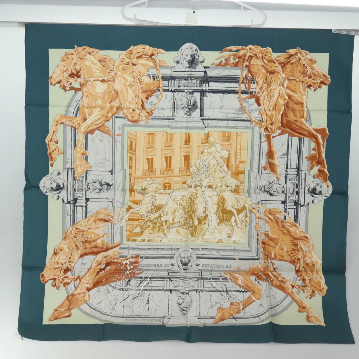 HERMES Carre 90 Scarf "" LA FONTAINE DE BARTHOLDI"" Silk Navy Auth am6651