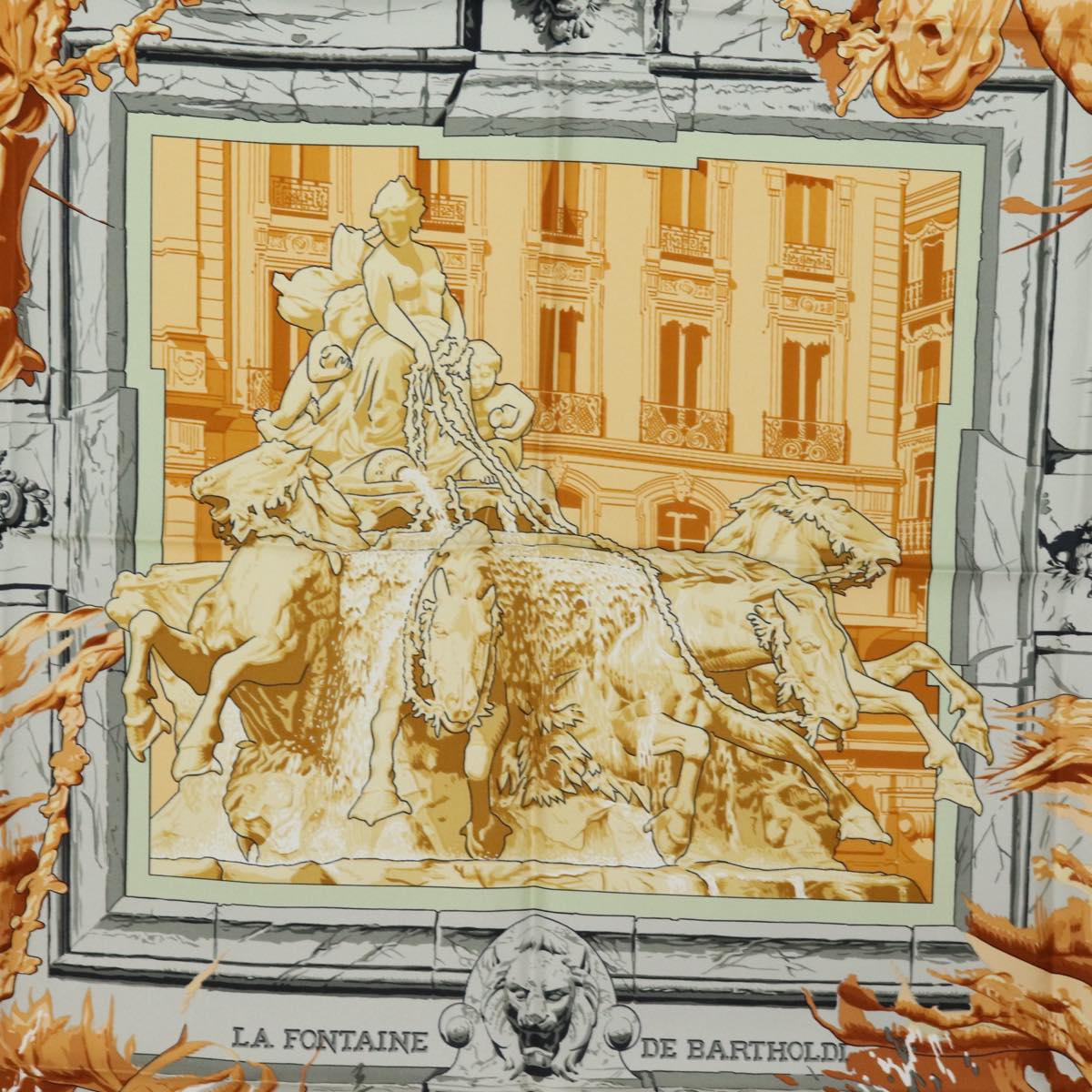 HERMES Carre 90 Scarf "" LA FONTAINE DE BARTHOLDI"" Silk Navy Auth am6651