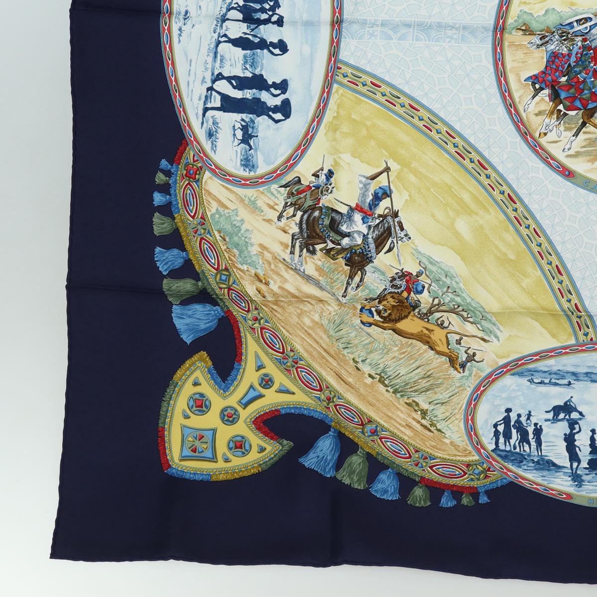 HERMES Carre 90 Scarf CAVALIERS PEULS Silk Navy Auth am6685