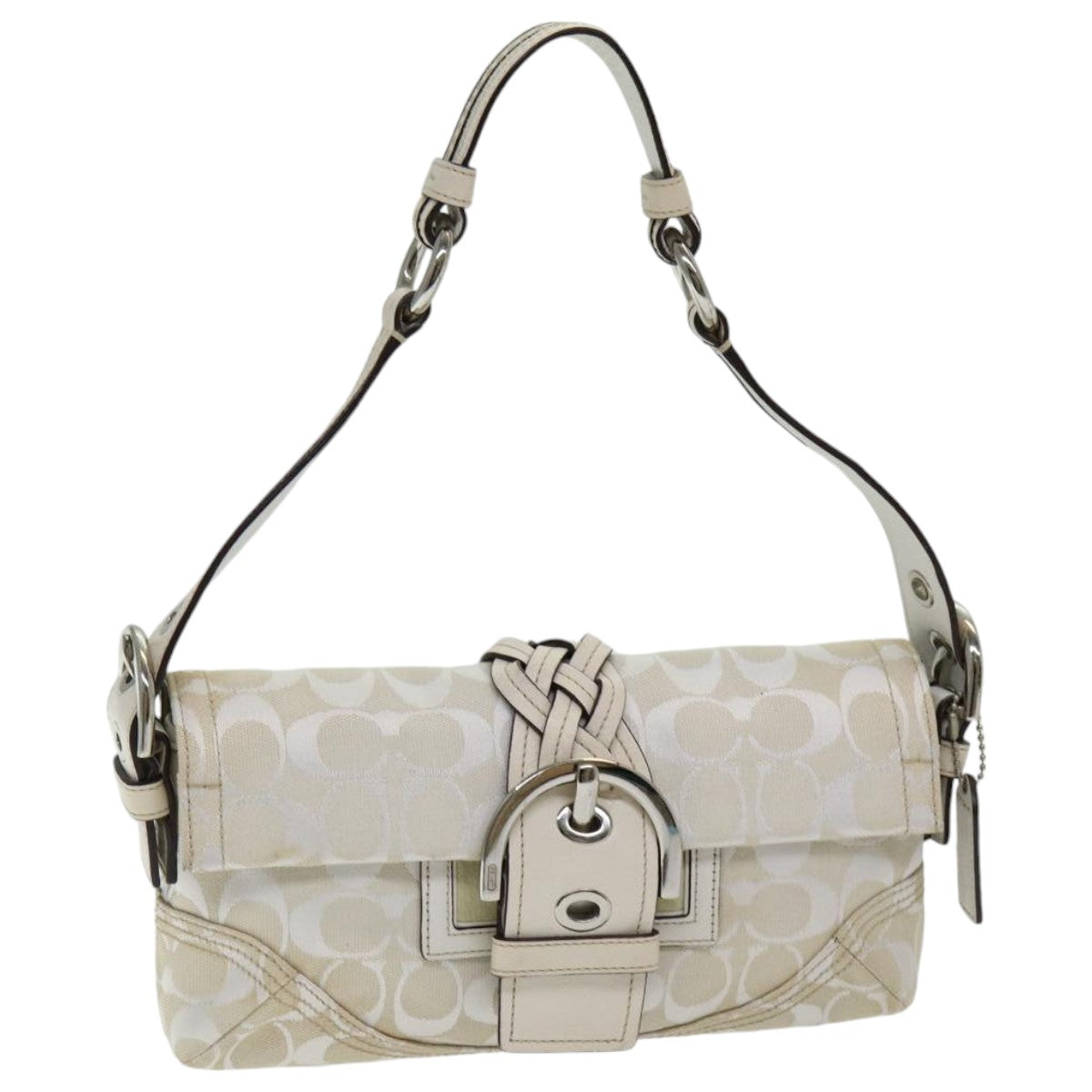 Coach Signature Shoulder Bag Canvas White Silver Auth am6751